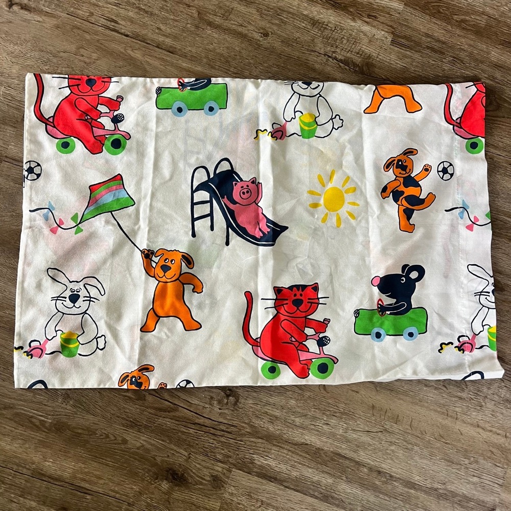 Vintage 90s Kids Animal Print Pillowcase Pig Dog Mouse Soccer 19x30 White